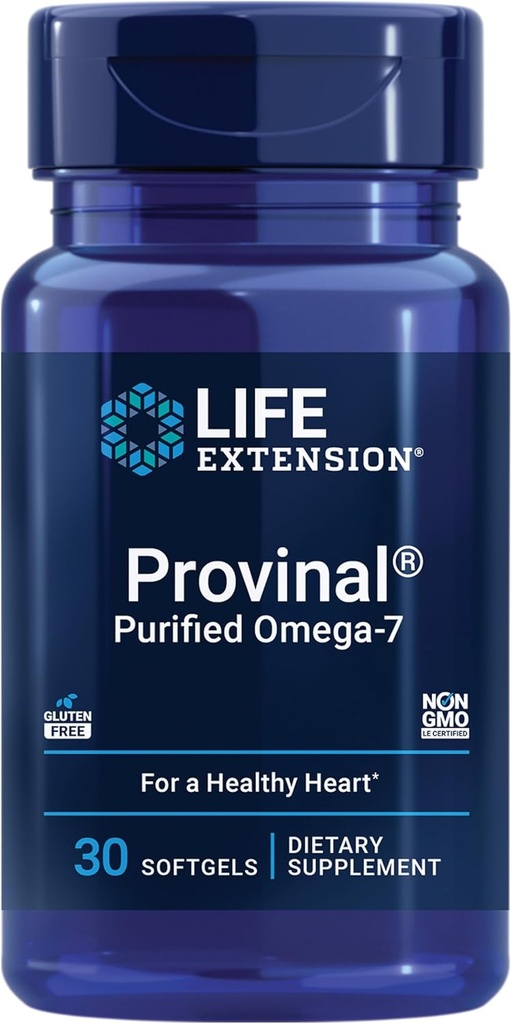 Life Extension Provinal Purified Omega-7, palmitoleic Acid Highly Tempd Marine Oil, Cholesterol, triglycerides & Heart Health Support, Gluten-Free, Non-GMO, 30 softgels