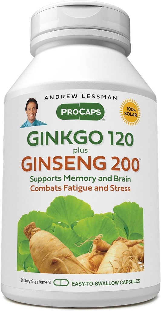 ANDREW LESSMAN Ginkgo 120 Plus Ginseng 200mg - 60 κάψουλες - Standardized Extract Blend to Support Brain, Memory and Cognitive Function. Adaptogen, καταπολεμά το άγχος και τη κόπωση. Χωρίς πρόσθετα