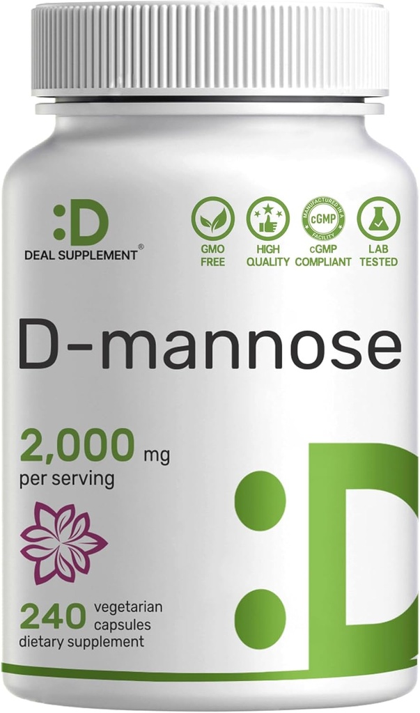 DEAL SUPPLEMENT D Mannose 500 mg Capsules (2,000mg Per Servis), 240 Veggie Pills – Hızlı Su Üretme Formu – Ekstra Güçlü Urinary Tract (UTI) Health Support – Non-GMO, Vegan Friendly Friendly Friendly Friendly