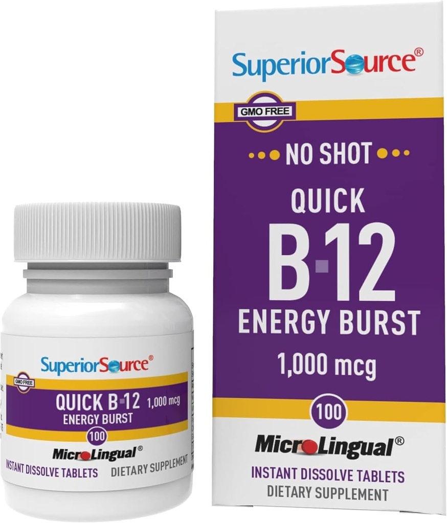 Superior Source NO Shot Quick Energy Burst B-12 1,000 mcg - Premium συμπλήρωμα υποστήριξης νευρικού συστήματος - Μη GMO & Gluten-free - 100 MicroLingual Instant Dissolve Tablets