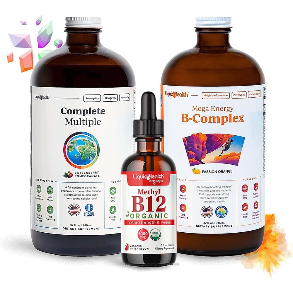 LIQUIDHEALTH Υψηλής Απόδοσης Δέσμη Βιταμίνης για Ενήλικες με Mega Energy B-Complex, Complete Multivitamin & Organic Vitamin B12 Drops - Ενισχύστε τη Φυσική Ενέργεια & Βελτιώστε την Αθλητική Απόδοση