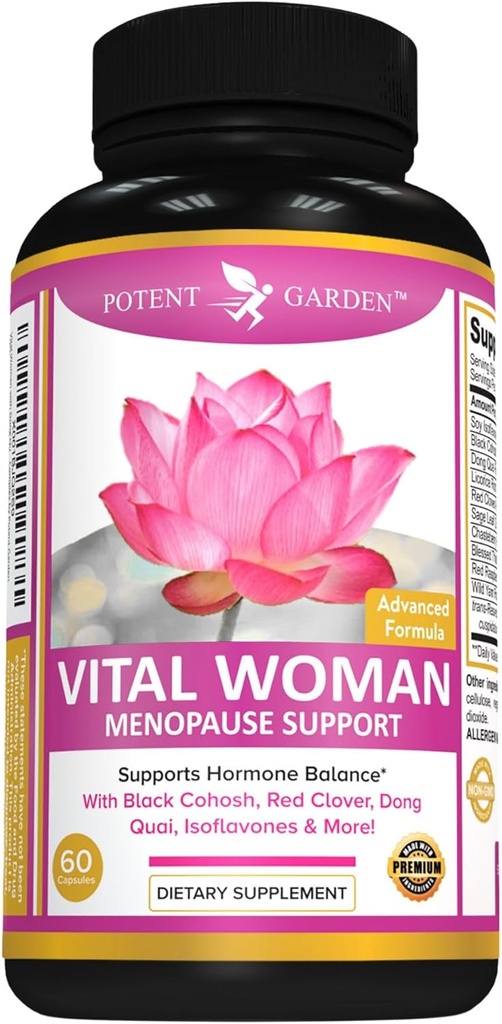 Potent Garden Menopause Relief Supplement with Black Cohosh, Soy Isoflavones, and Don Quai, Hot Flash Relief & Night Sweats Relief for Women, Non-GMO, 60 Capsules, 30 Servisler