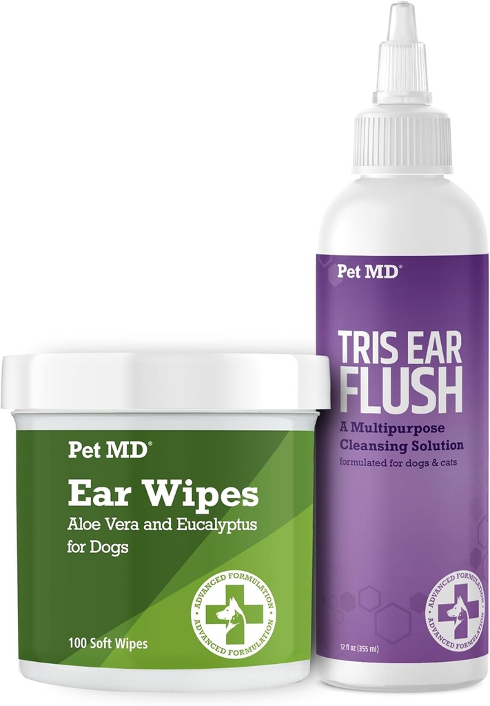 Pet MD Dog Ear Temizlik Wipes with Aloe and Eucalyptus + Veteriner Tris Flush Cat & Dog Ear temizleyici
