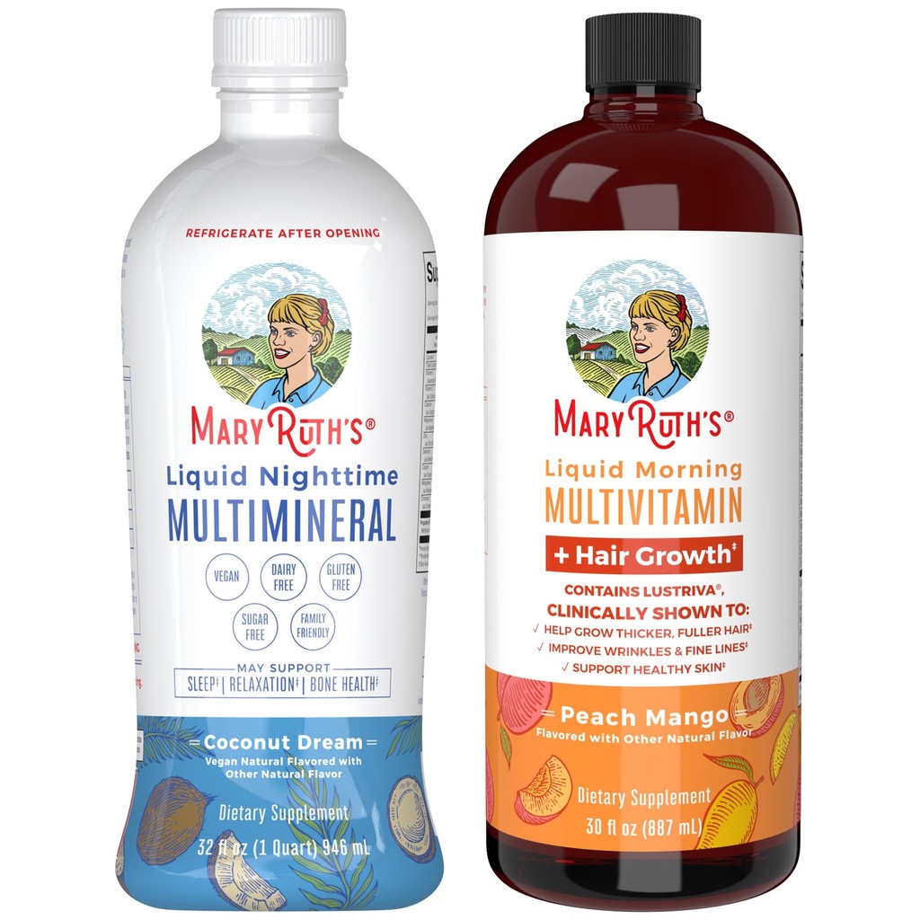 MaryRuth’s Nighttime Multimineral (Coconut, 32oz) & Multivitamin Liquid + Hair Growth (Peach Mango, 30oz) 