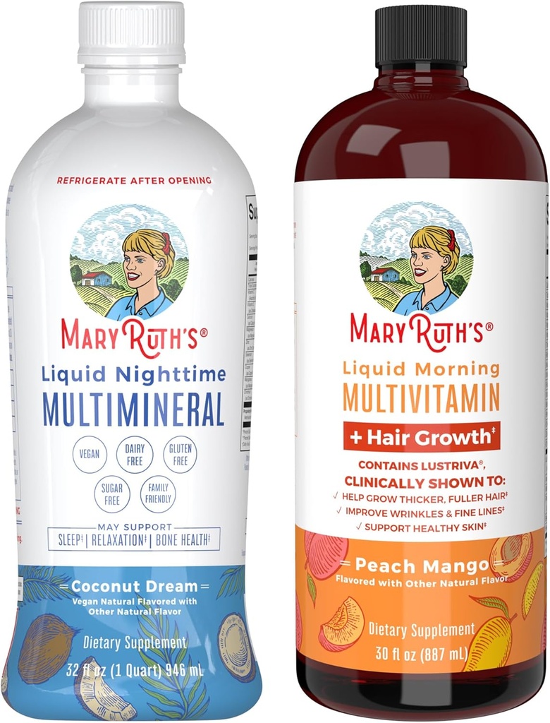 MaryRuth’s Nighttime Multimineral (Coconut, 32oz) & Multivitamin Liquid + Hair Growth (Peach Mango, 30oz) 