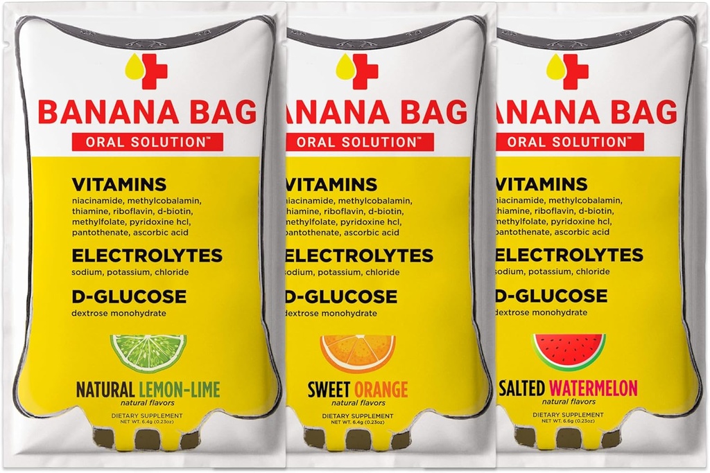 Banana Bag Oral Çözüm Paketleri - Çeşitli Paket 6pk | Elektrolytes, C vitamini ve B-Complex | Hydration ve Daily Boost Anytime –at Home, Work, or on the Go