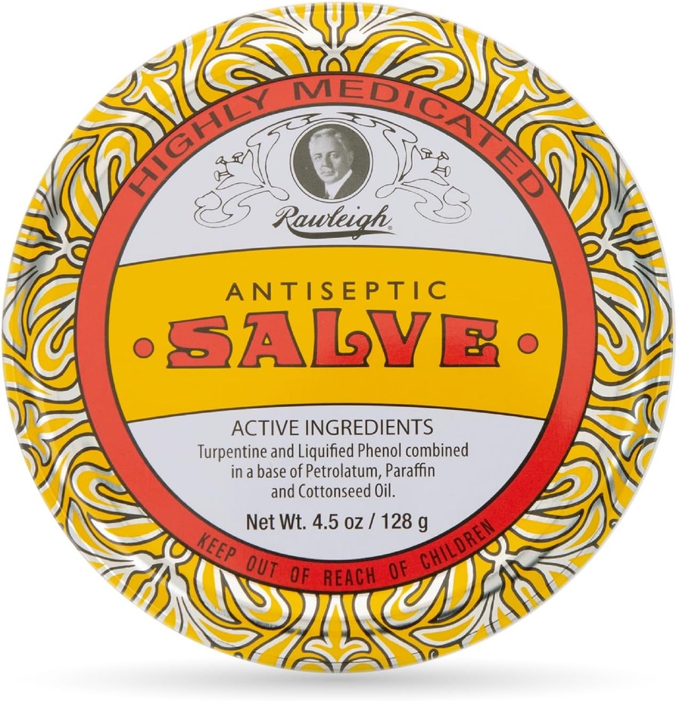 Rawleigh Antiseptic Salve Iconic Yellow Big Tin: 4.5 oz, Φυσικό, Multi-Purpose Ointment Καταπραΰνει κόψιμο δέρματος, Μώλωπες, Ερεθίσεις, με Turpentine, Phenol, Cottonseed Oil, Original Formula - Συσκευασία του 1