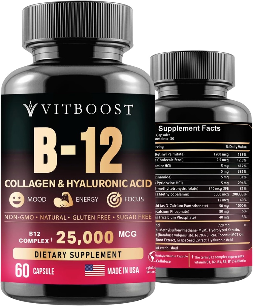 B12, Hyaluronic Acid, Collagen ve Folate – 25000 mcg B12 Kompleksi | Max abs Abors & Energy | Gluten Free USA Made, B1, B2, B3, B6, B7, B12, B12 Vitamini - 60 Capsules