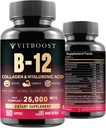 B12, Hyaluronic Acid, Collagen ve Folate – 25000 mcg B12 Kompleksi | Max abs Abors & Energy | Gluten Free USA Made, B1, B2, B3, B6, B7, B12, B12 Vitamini - 60 Capsules
