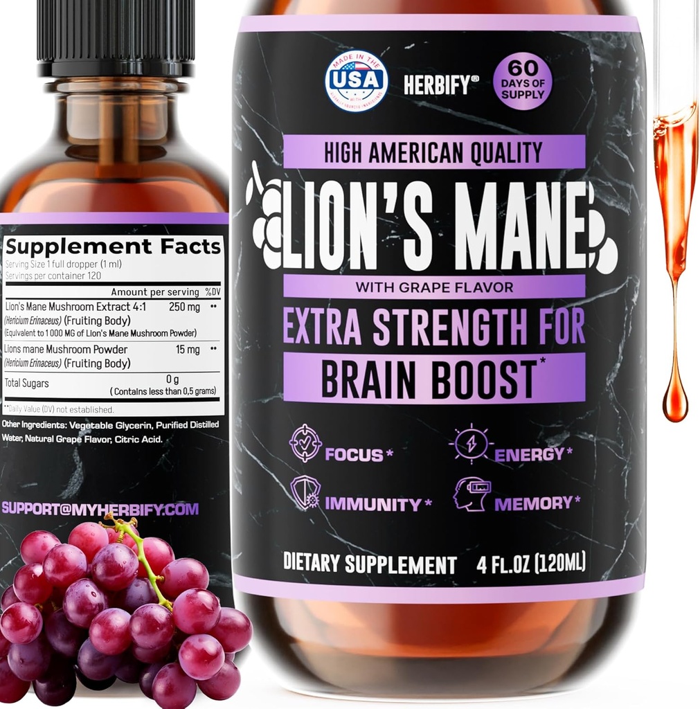 HERBIFY Lions Mane Supplement - Daily Mushroom Supplement for Memory, Focus & Clarity - Brain ATM - Lions Mane Tincture for Immune Support - 4 Fl oz Grape Flavor