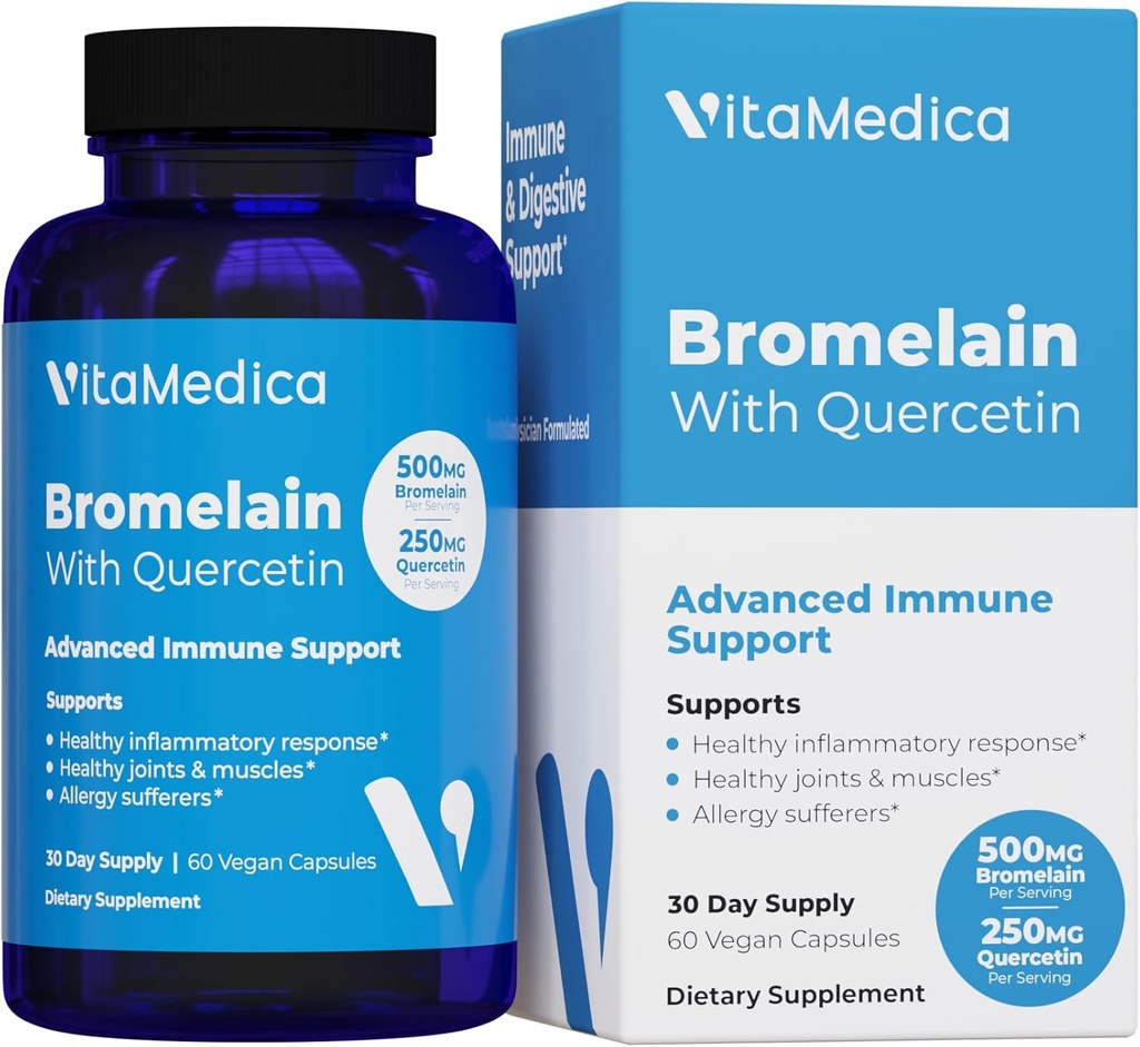 VitaMedica Bromelain & Quercetin συμπλήρωμα - 500mg Bromelain 250mg Quercetin - 2400 GDU για την ανοσία, κοινή υποστήριξη, φλεγμονή και την αποκατάσταση των μυών - 60 κάψουλες Vegan - 30 Υπηρεσίες