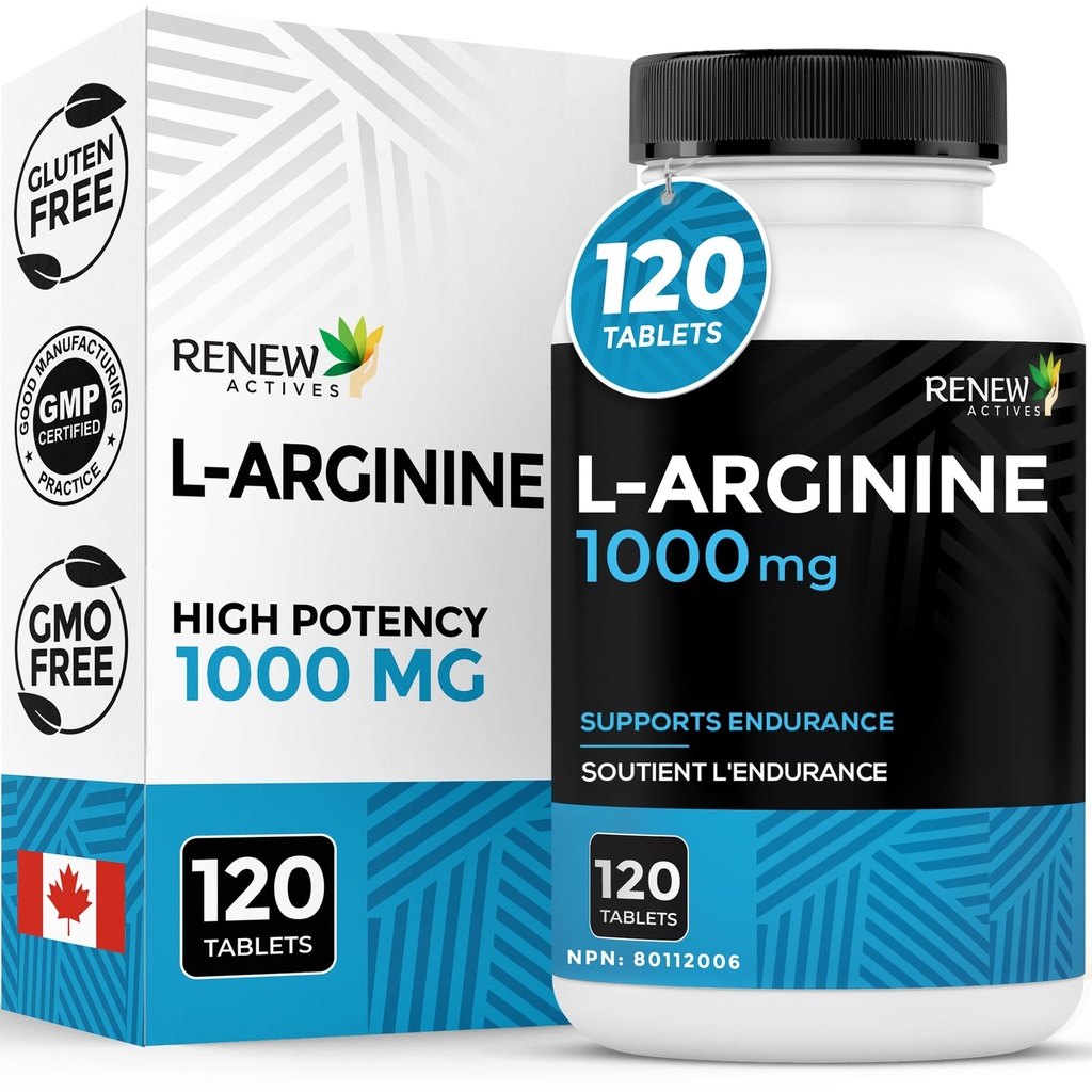 Renew Actives L-Arginine Supplement 1000MG for Serving - Δύναμη & Αντοχή, Απαραίτητη για τη σύνθεση πρωτεϊνών & τη λειτουργία μυών, Αναμνηστική Φυσικής Απόδοσης - Made in Canada - 120 Tablets
