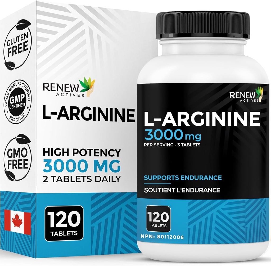 Yeni Actives L-Arginine Supplement 1000MG for Service - Strength & Endurance, Essential for Protein Synthesis & Muscle Function, Physical Performance ATM - Made in Canada - 120 Tablets