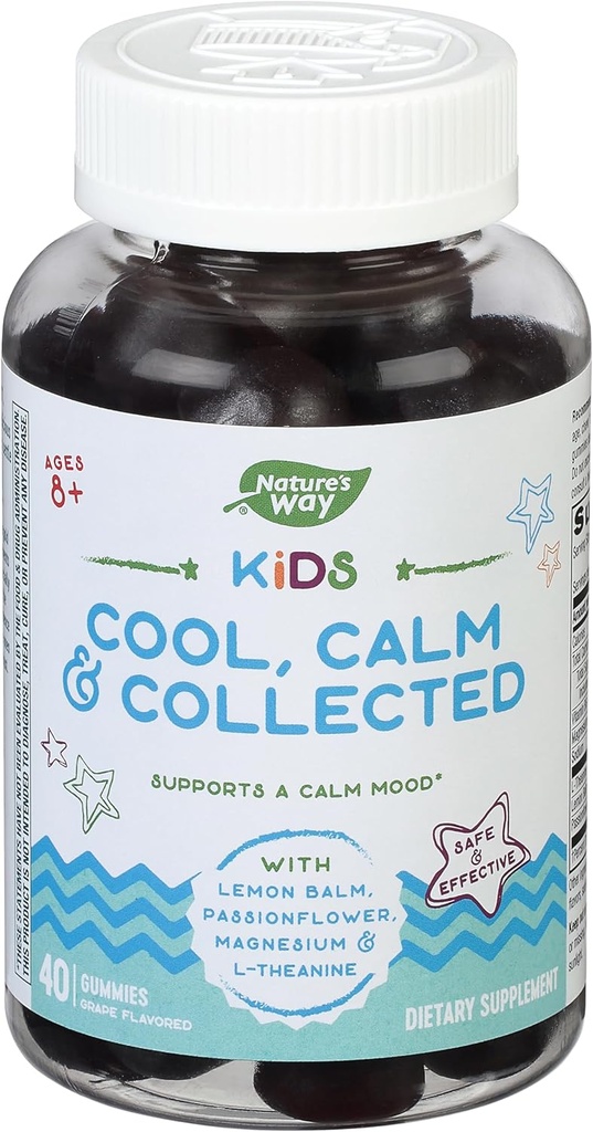 Nature's Way Kids Cool & Calm Gummies, Υποστηρίζει μια ήρεμη διάθεση στα παιδιά Ηλικίες 8+*, βάλσαμο λεμονιών, Μαγνήσιο, Βιταμίνη Β6, L-Θεανίνη, Grape Flavored, Χορτοφαγικά, 40 Count (Packing May Vary)