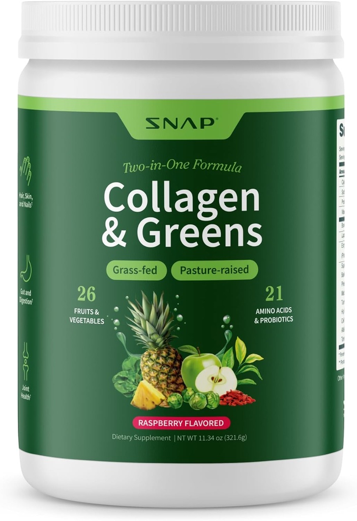 Snap Supplements Super Greens Toz Collagen,, 26 Meyve ve Sebzeler, Grass Fed, Saç, Skin, Nails & Ortak Destek, 11.34 oz, (30 Hizmet, 1 Ay Supply)