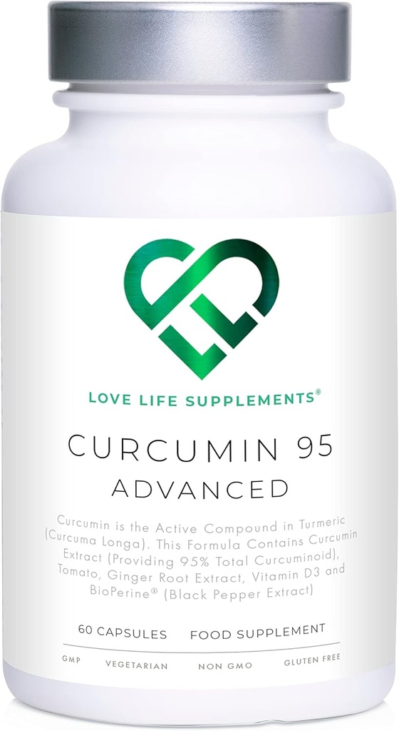 Curcumin 95 Gelişmiş, 60 Capsules, High Strength Curcumin (Turmeric'in Aktif Bitirme)% 95 Curcuminoids + BioPerine® (Black Pepper Extract), D, Tomato ve Ginger Root, GMP Onaylandı
