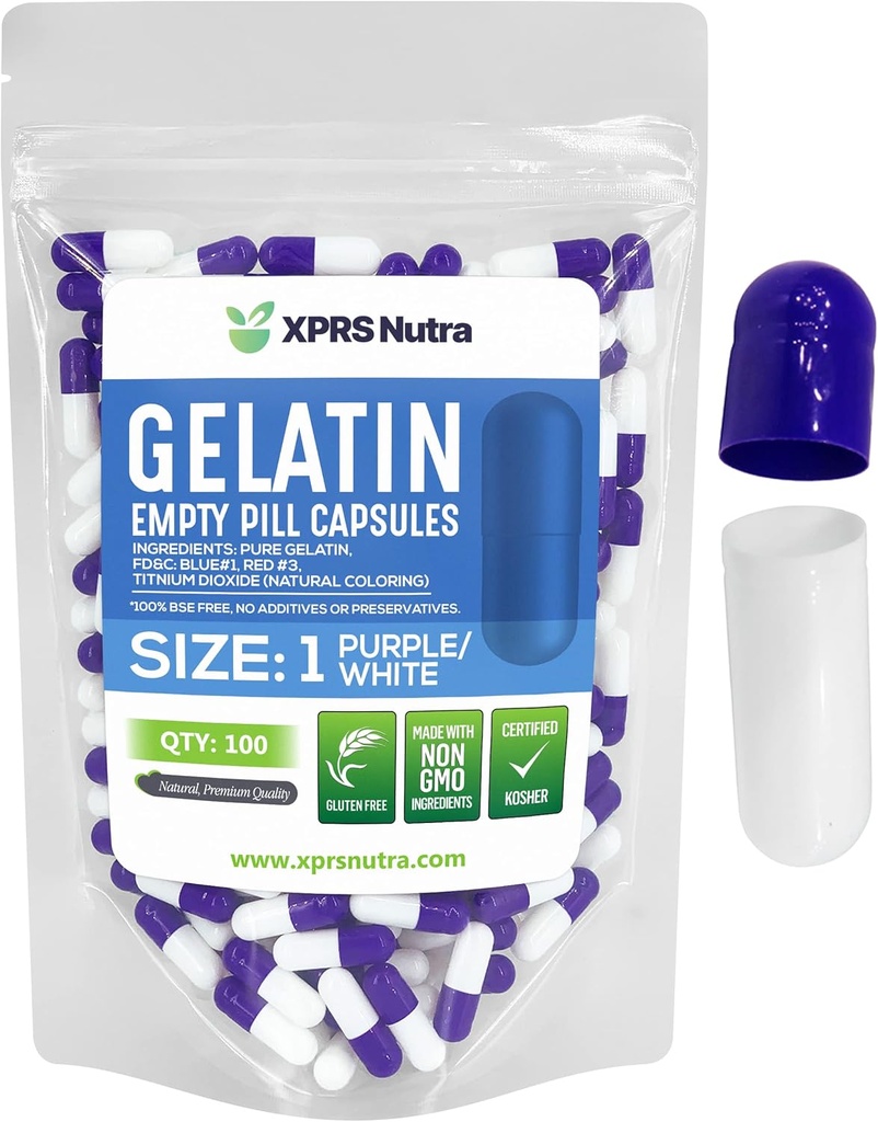 XPRS Nutra Boyutu 1 Boş Kapsüller - 100 Kont Boş Gelatin Capsules - Pill DIY Capsule - Pure Bovine Pill Gel Caps For Do-It- Yourself Supplements (Purple/White)