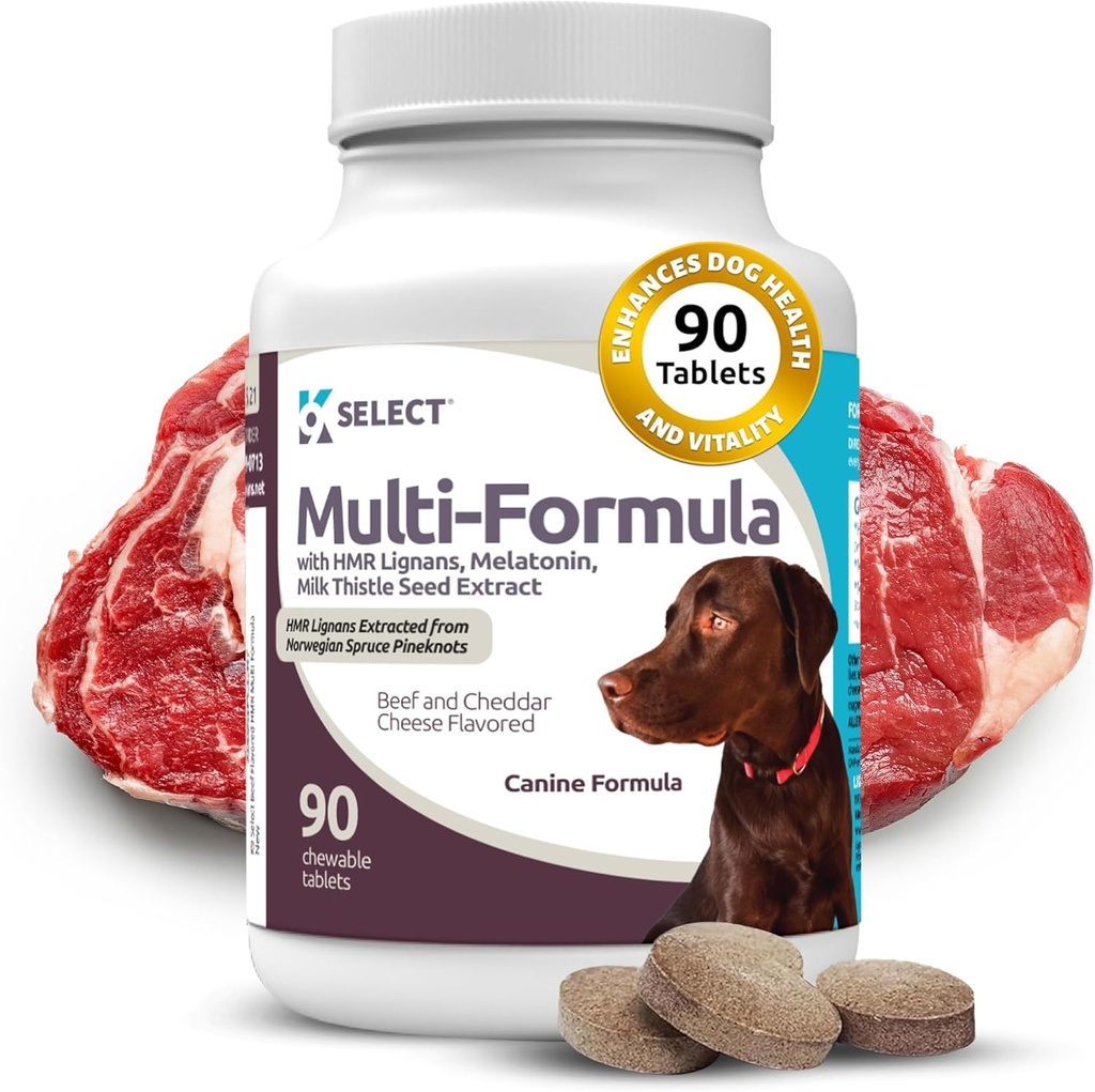 K9 Büyük Köpekler için Multi-Formula Köpek Vitaminleri Seç - 30 mg HMR Lignans, 3 mg Melatonin, 60 mg Süt Butle - Yardım Kalp, Liver, Digestion, Skin & Coat Health, Dog Multivitamin, 90 Tablet, Beef Flavor