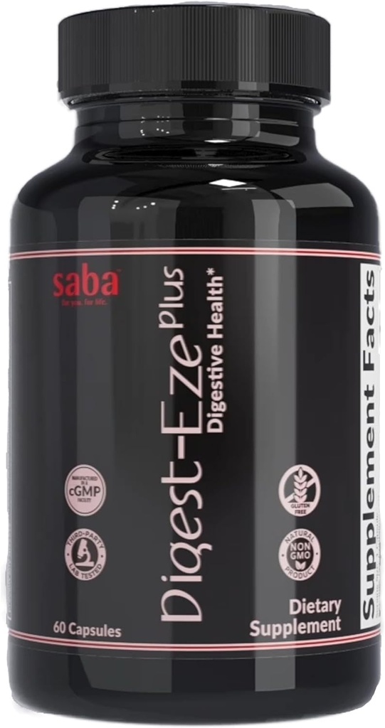 Saba Digestive-EZE Plus-Broad Spectrum Plant-Sourced Enzymes, Prebiyotiks & Probiyotiks -Degestive & Gut Functions, Immunity & Abxia with Betaine, Bromelain -60 Capsules