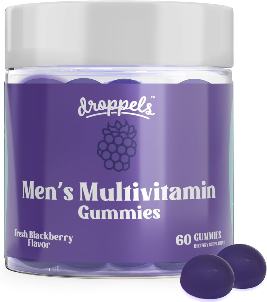 Droppels Men's Multivitamin Gummies with Folic Acid, Vitamins A, D, C, E, K, B6, B12, Biotin & More | Vegan, Non-GMO & Pectin-Based | Fresh BlackBerry Flavor, 60