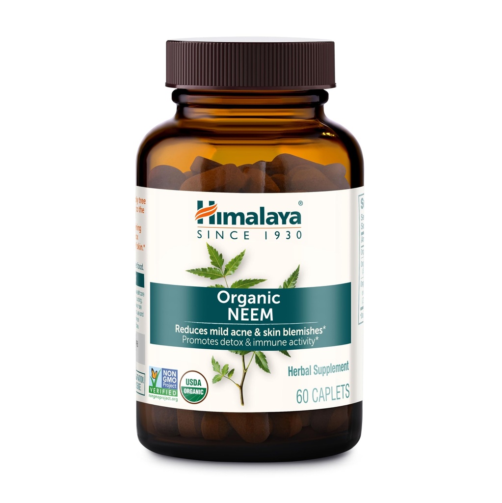 Himalaya Organik Neem, 60 Day Supply - Herbal Acne Supplements Supporting Clear Skin and Detox - USDA Organic, Vegan, Non-GMO, Gluten Free, 600 mg, 60 Caplets