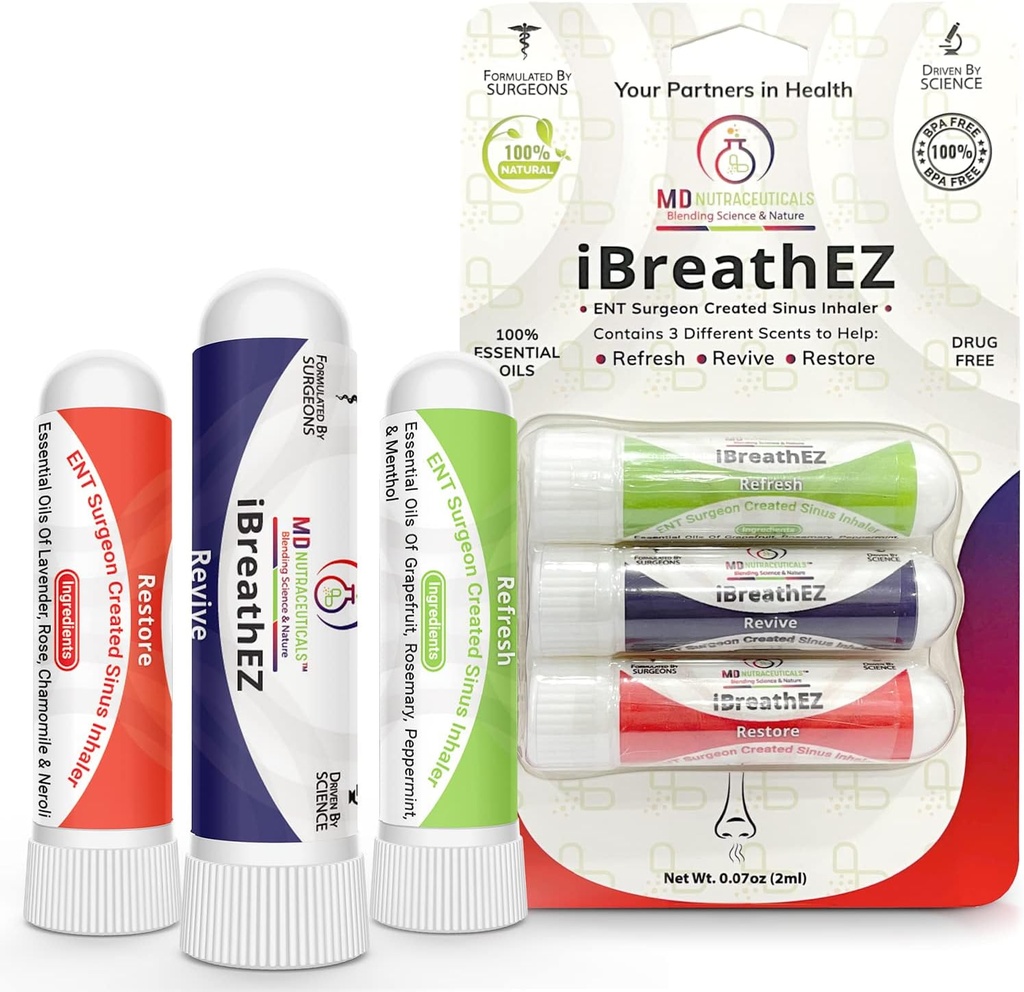 iBreathEZ Nasal Sinus Inhaler Kit Enerji, Stres, Dekongestasyon ve Soğuk veya Alerji Yardımı (3 Paket) ile ENT Cerrahlar tarafından formüle edilmiştir.