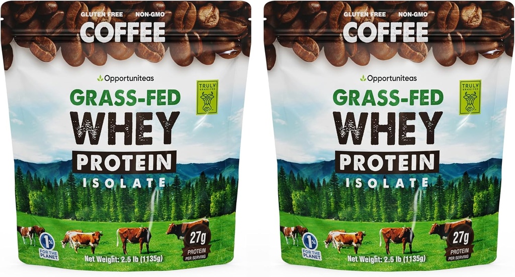 Opportuniteas Grass Fed Coffee Whey Protein Isolate Toz - Yapay Tatlıcılar olmadan 27g Protein Toz, 60 mg Caffeine, Hormon-Free Cows - 5lb