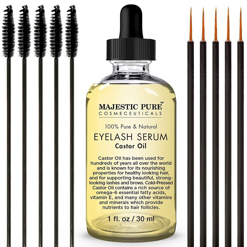Majestic Pure Castor Oil Eyelash Serum - Apple & Argan Stem Hücreleri ile - Eyelash Büyüme Serum daha kalın Eyelashes, Eyebrows & Hair - Free Set of Mascara Brush & Eye Applinerator - 1 fl ozz