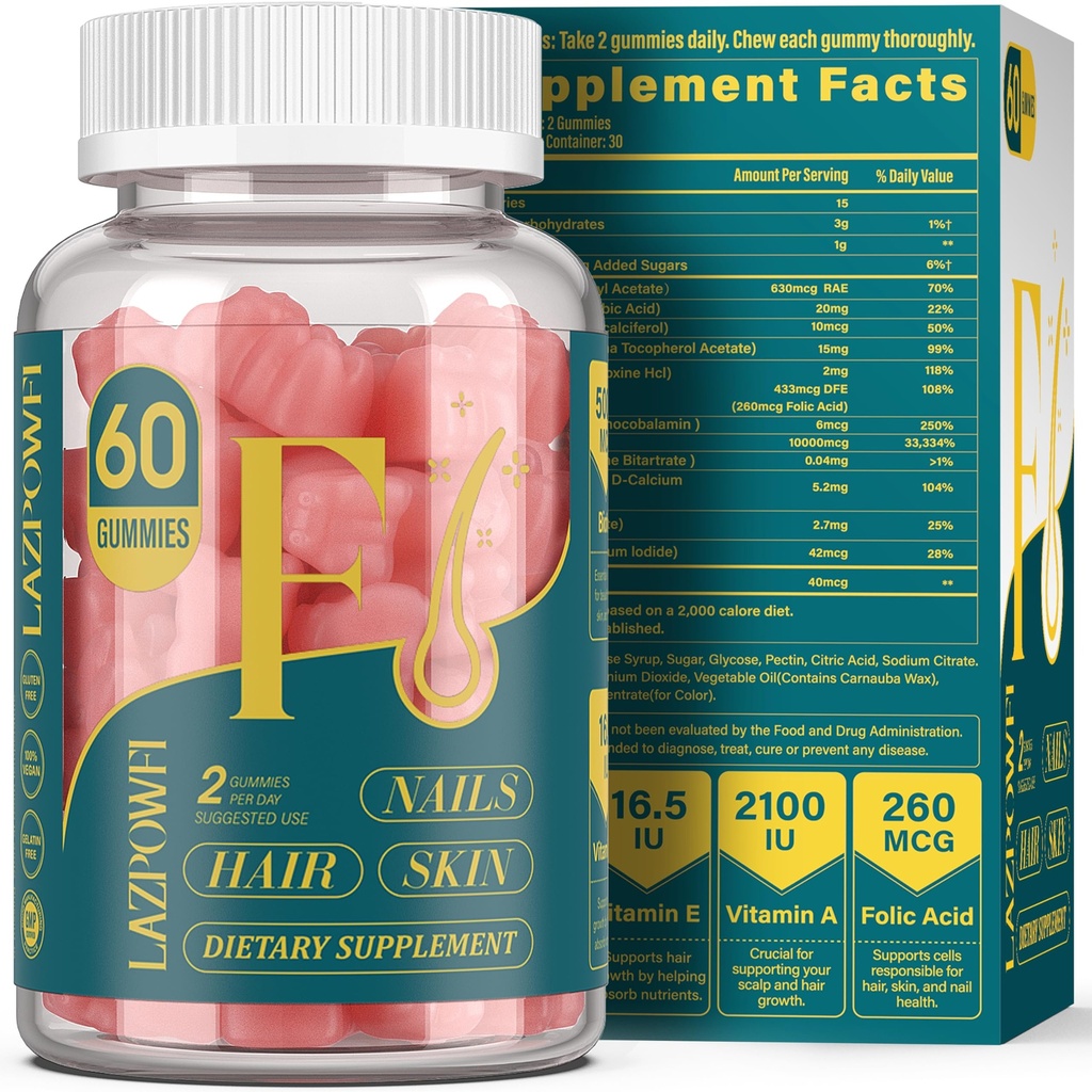 Biotin Gummies -Hair Skin and Nails Vitamins for Men & Women, Vegan Vitamin B7, Supports Hair Growth and Stronger Nails,30 Day Supply - Raspberry-60 Count