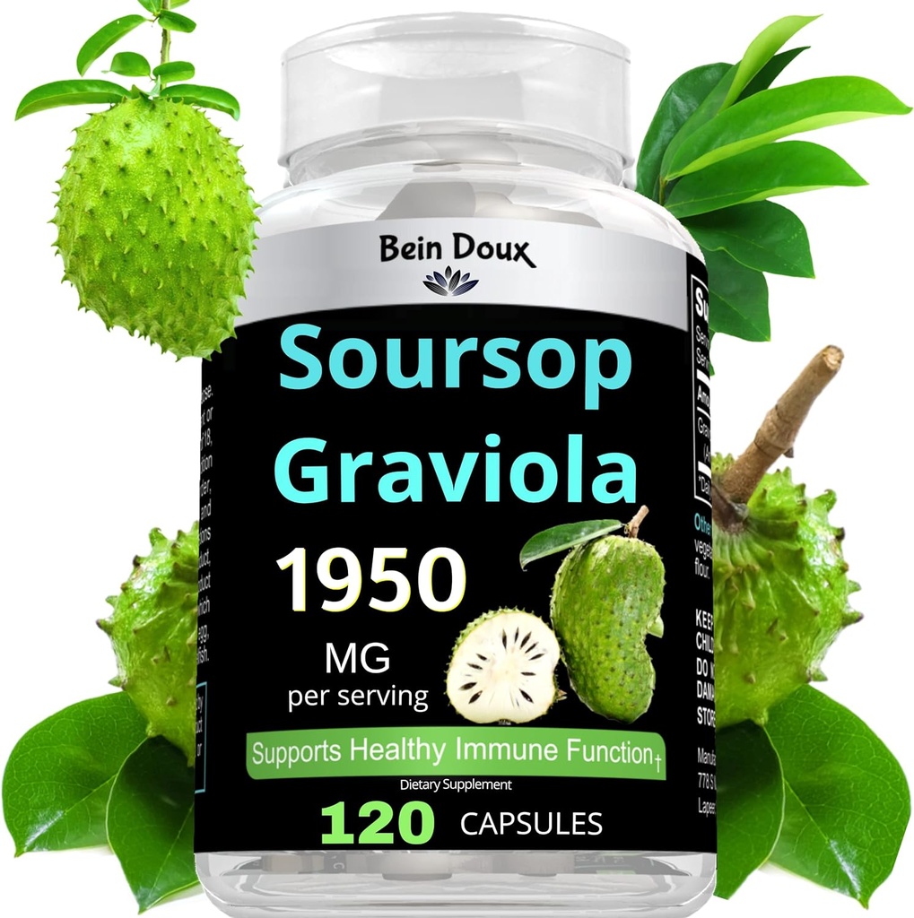 1950 mg Soursop Graviola Capsules (Guanábana) Organik Potent Anti-Oxidants - 120 Capsules 40 Hizmetler