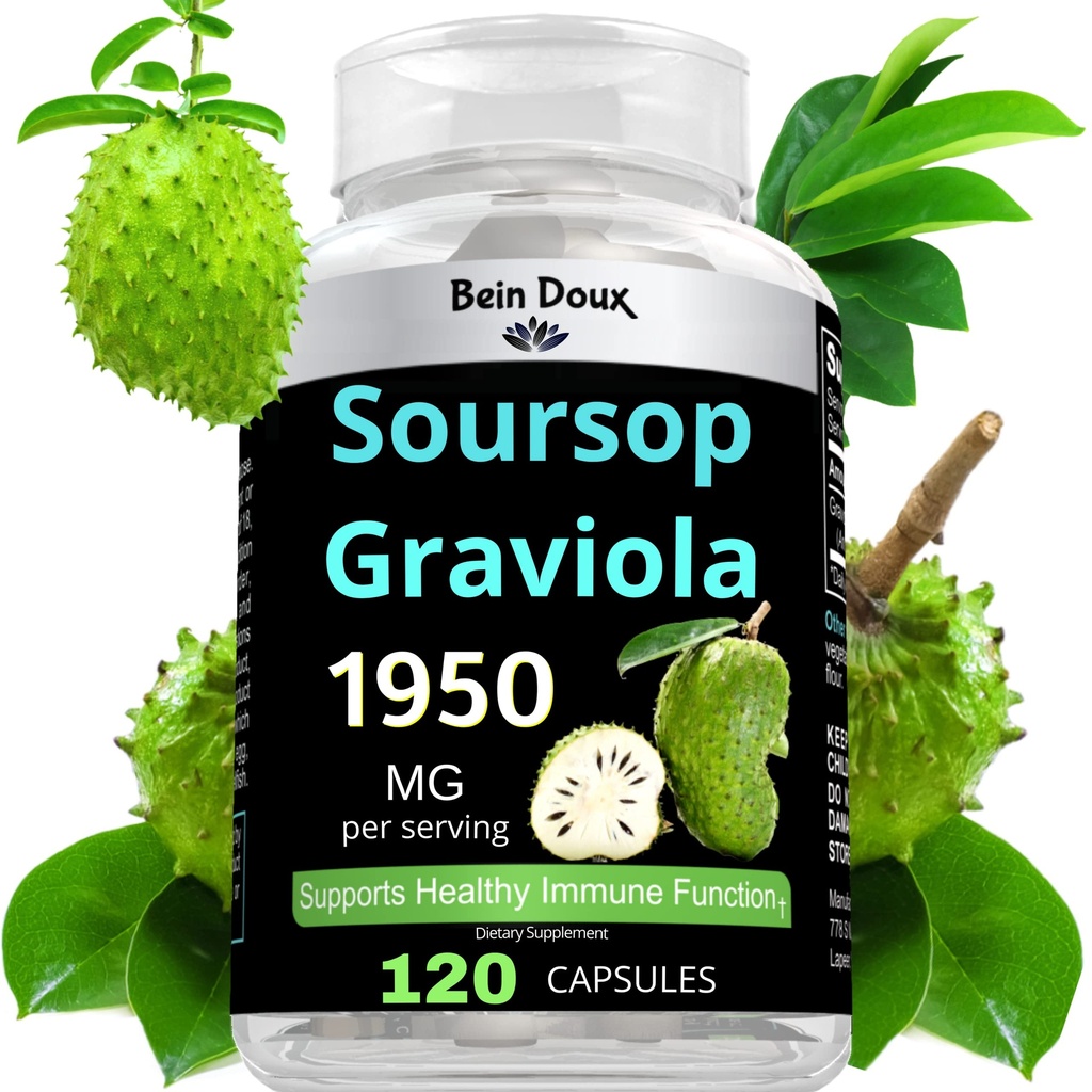 1950 mg Soursop Graviola Capsules (Guanábana) Organik Potent Anti-Oxidants - 120 Capsules 40 Hizmetler
