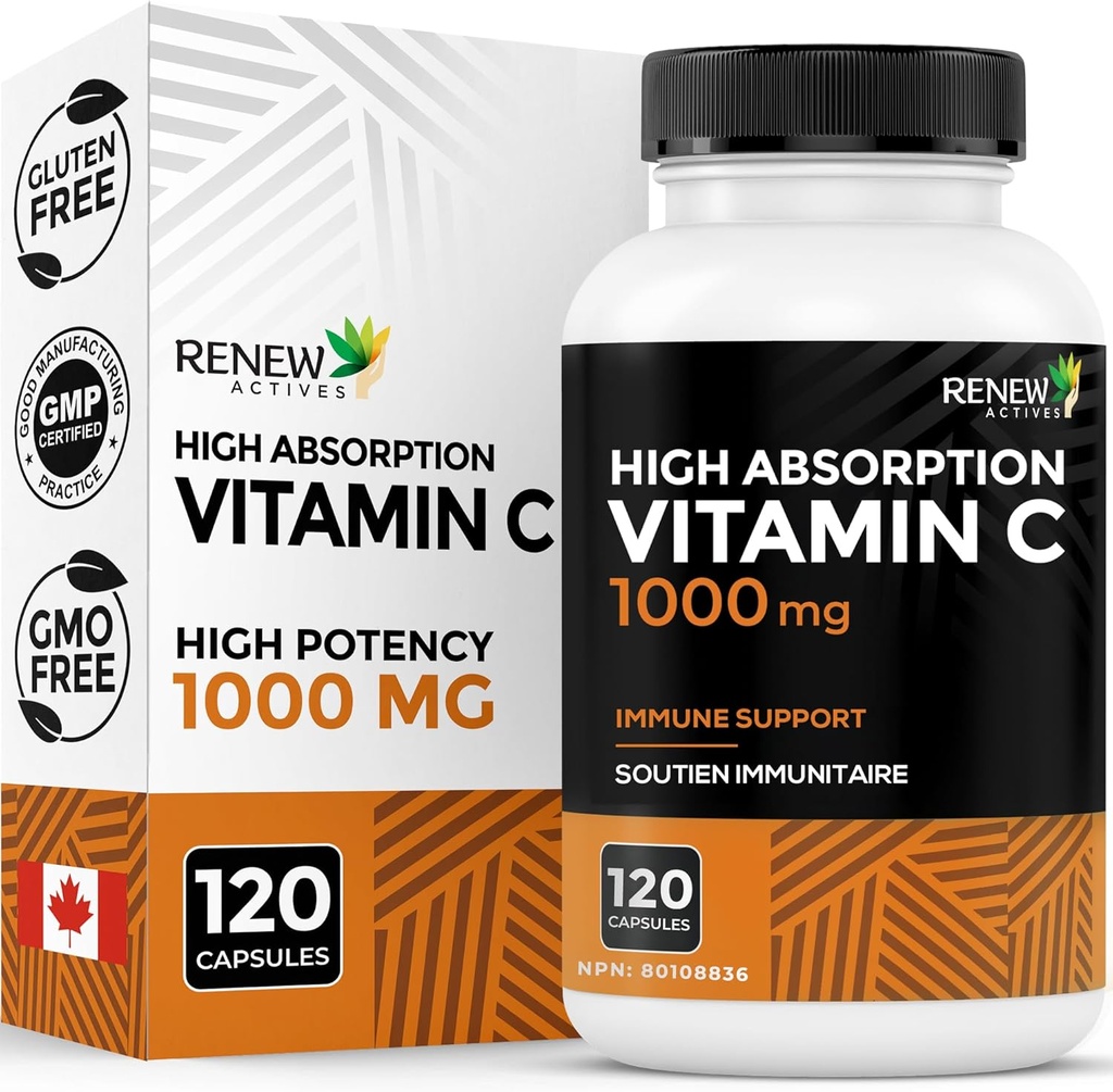 RENEW ACTIVES Rezerve başına maksimum Güçlü Vitamin C 1000MG - Genel Sağlık, Kemikler, Dişler ve Gums – Non-GMO, Sugar-Free, 4-Month Supply – Made in Canada – 120 Capsules