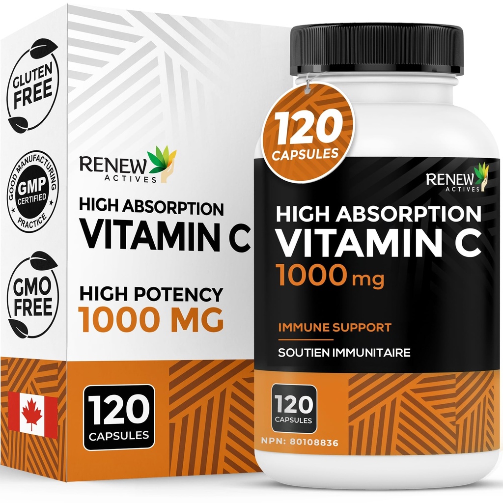 RENEW ACTIVES Rezerve başına maksimum Güçlü Vitamin C 1000MG - Genel Sağlık, Kemikler, Dişler ve Gums – Non-GMO, Sugar-Free, 4-Month Supply – Made in Canada – 120 Capsules