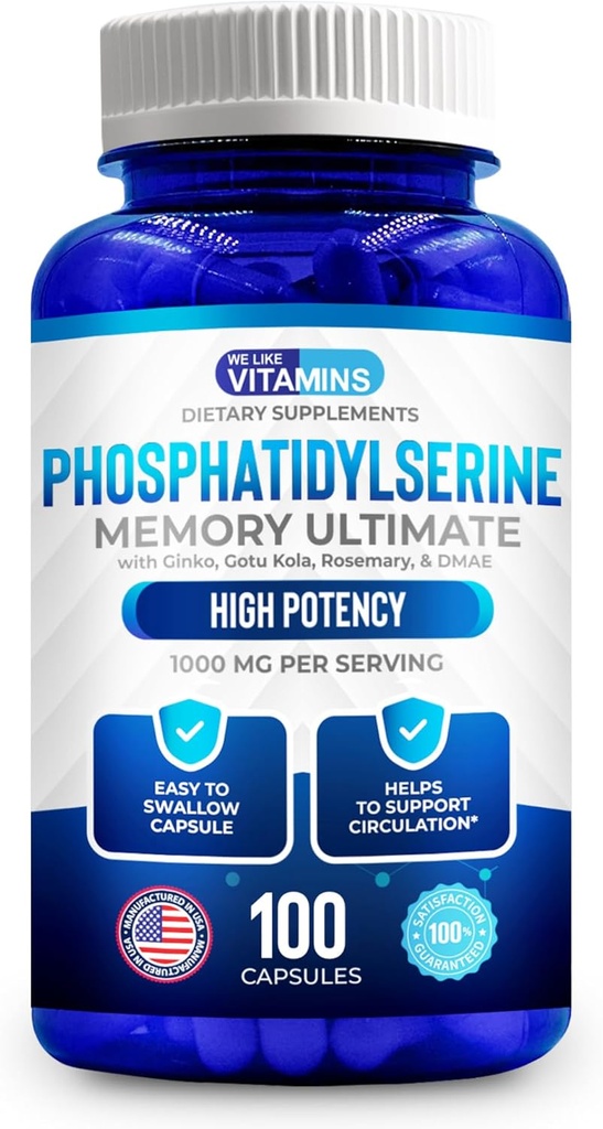 Gingko Biloba, Gotu Kola, DMAE - Focus, Memory, Cognitive Function - Soy-Free 1000 mg Memory Ultimate Complex - 100 Easy-to-Swallow Capsules