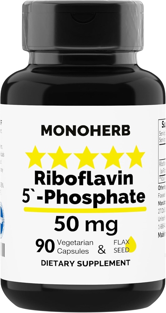 MONOHERB Ριβοφλαβίνη 5'-Φωσφορικό 50 mg - 90 Κάψουλες Χορτοφάγου - Βιοενεργή Βιταμίνη B2 - Κατασκευασμένη στις ΗΠΑ