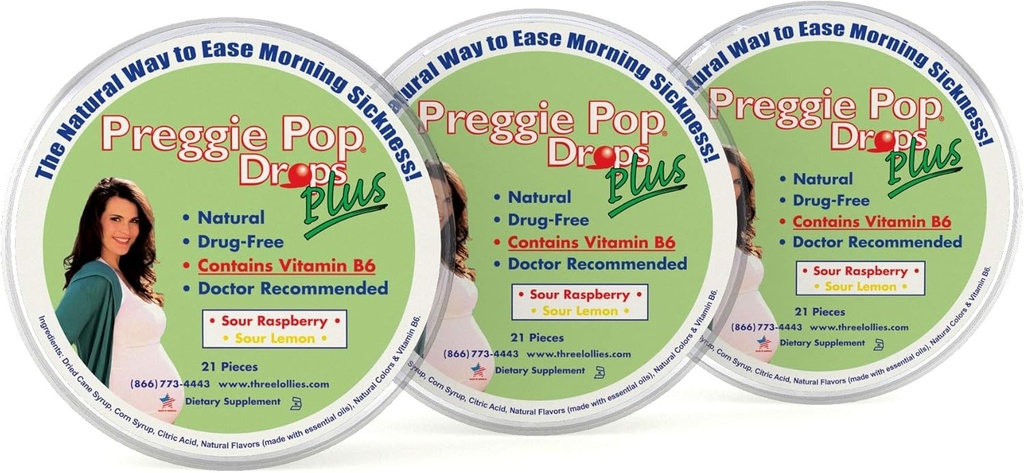 Preggie Pop Drops Plus | 21 Drops Her | Hamilelikte Sabah Hastalığı Için B6 Vitamini | Hamile Anne ve Bebek için Güvenli | Gluten Free | Two Flavors: Lemon & Raspberry (Pack of 3)