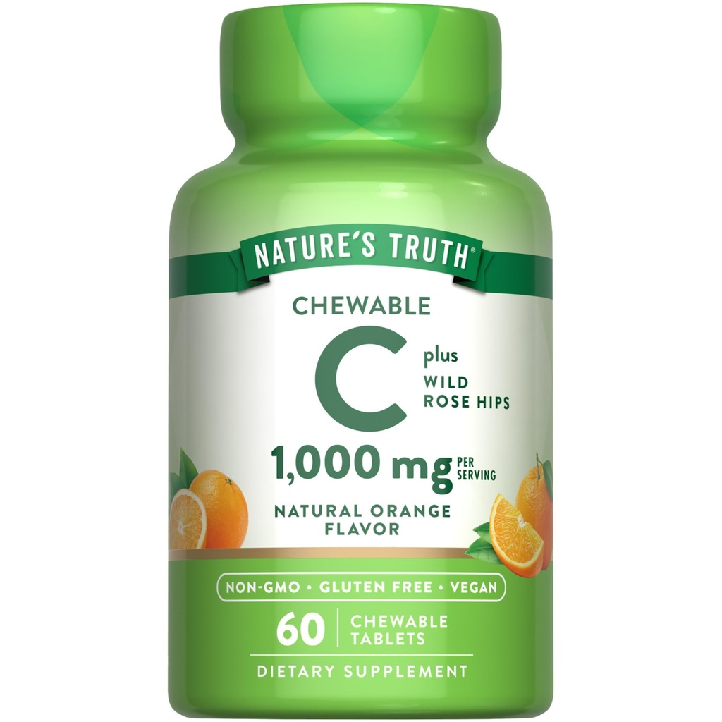 Nature's Truth Chewable Vitamin C with Rose Hips | 1000 mg | 60 Tabletler | Vegan, Non-GMO & Gluten Ücretsiz Supplement Supplement C with Rose Hips | 1000 mg | 60 Tabletler | Vegan, Non-GMO & Gluten Free Supplement Supplement