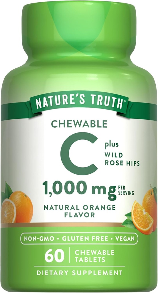 Nature's Truth Chewable Vitamin C with Rose Hips | 1000 mg | 60 Tabletler | Vegan, Non-GMO & Gluten Ücretsiz Supplement Supplement C with Rose Hips | 1000 mg | 60 Tabletler | Vegan, Non-GMO & Gluten Free Supplement Supplement
