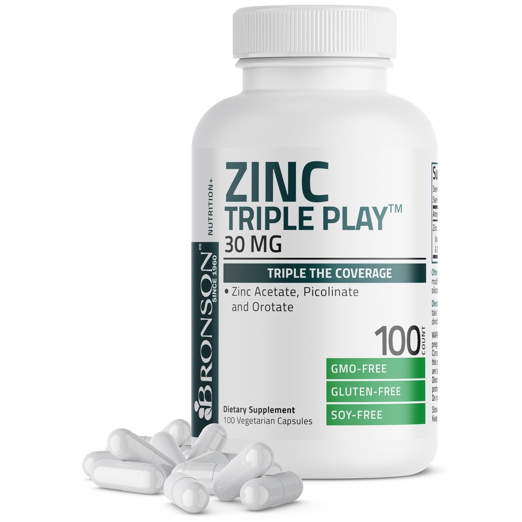 Bronson Zinc Triple Play 30 mg Triple Coverage Immune Support with Zinc Acetate, Picolinate & Orotate - Immune, Antioxidant & Skin Health Support - 100 Vegetarian Caps