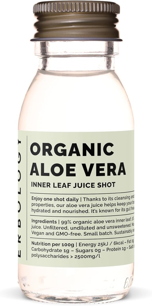 Erbology Organik Aloe Vera Juice 12 Günlük Shots (2 fl oz) - Immunity Support and Detox - İç Yapraktan - Çiftden İspanya'da Çift - Undiled - Ek Olmayan Şeker - Non-GMO - Recyclable Glass Şişe Şişe Şişe