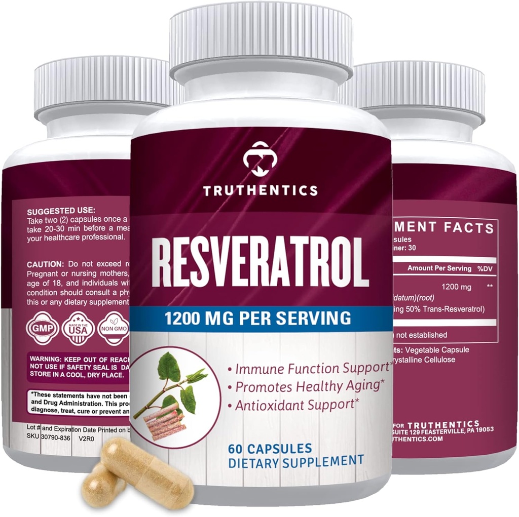 TRUTHENTICS Resveratrol Supplement 1200 mg - Japon Knotweed Capsules - Yüksek Potency Trans Resveratrol Beslenmeleri Sağlıklı Ağlama, Vibrant Skin & Immune Health - 60 Vegan Capsules