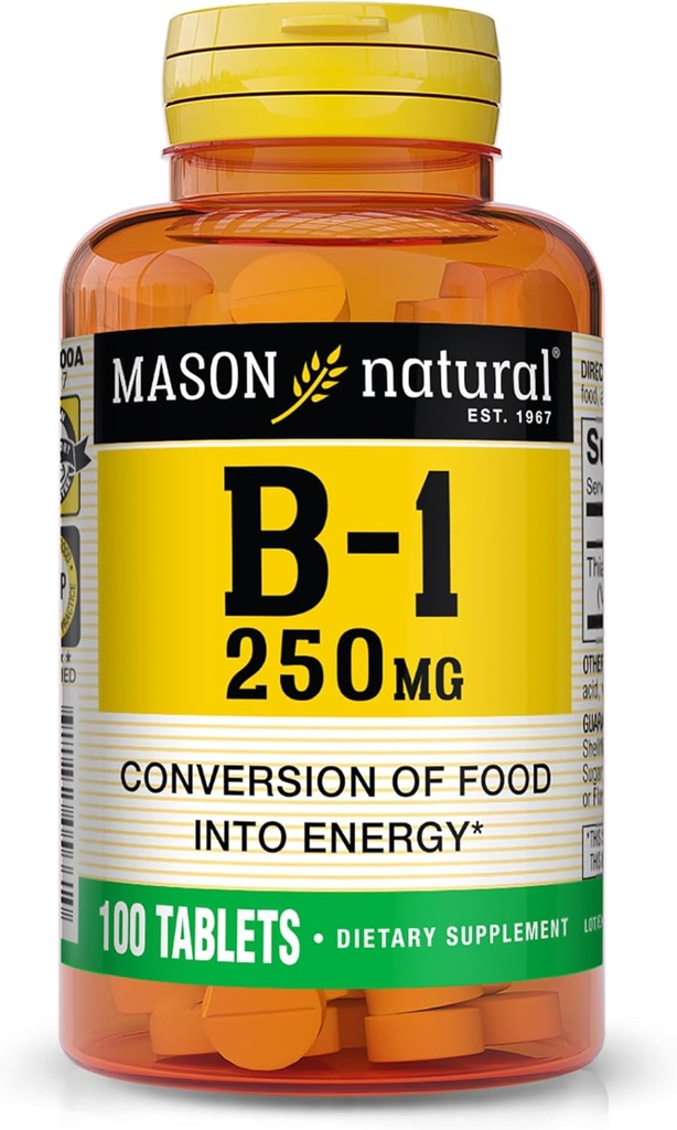 MASON NATURAL Vitamin B,1 Thiamine 250 mg, 100 Day Supply Diyetary Supplement, Easy,to,Swallow Tabletleri, Enerji Üretimi ve Sağlıklı Metabolismları Destekleyin