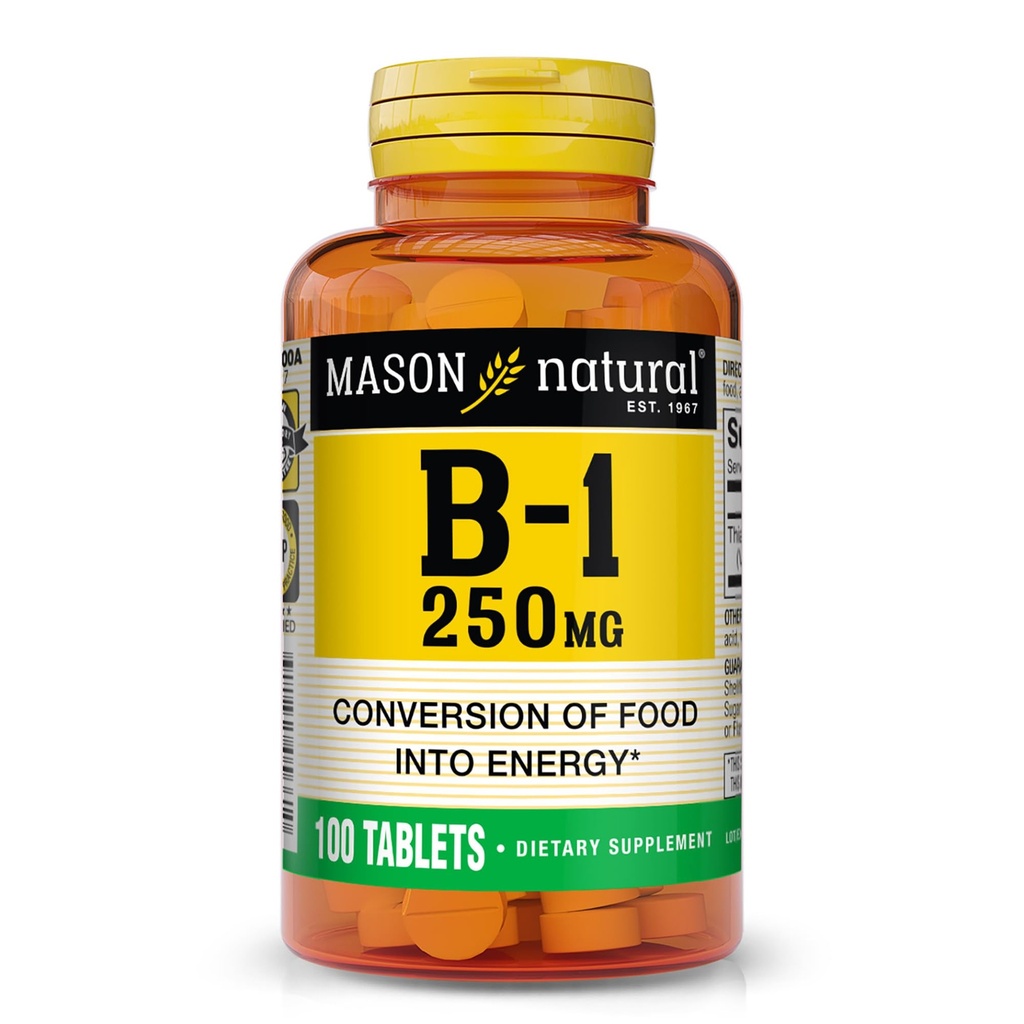 MASON NATURAL Vitamin B,1 Thiamine 250 mg, 100 Day Supply Diyetary Supplement, Easy,to,Swallow Tabletleri, Enerji Üretimi ve Sağlıklı Metabolismları Destekleyin