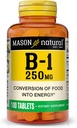 MASON NATURAL Vitamin B,1 Thiamine 250 mg, 100 Day Supply Diyetary Supplement, Easy,to,Swallow Tabletleri, Enerji Üretimi ve Sağlıklı Metabolismları Destekleyin