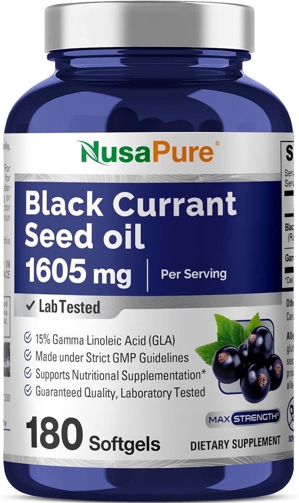 NusaPure Black Currant Seed Oil 1605 mg Gamma Linoleic Acid (GLA)% 15 180 Softgels (Non-GMO, Soyfree)