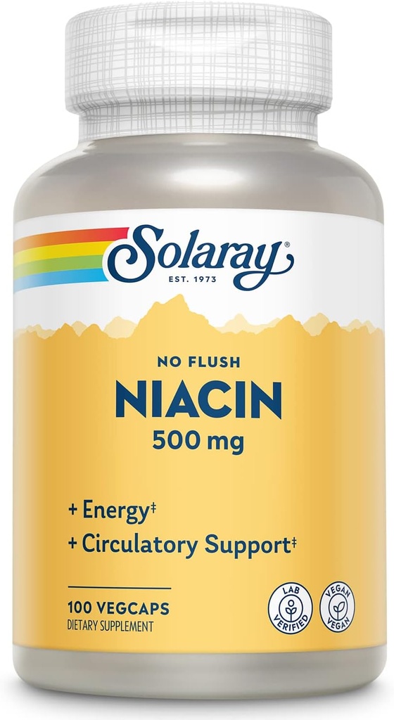 SOLARAY No Flush Niacin 500 mg, Flush-Free Vitamin B3 Niacin, Energy and Circulatory System Support, Vegan, Lab TY, 60 Günlük Para Garanti, 100 Hizmet, 100 VegCaps