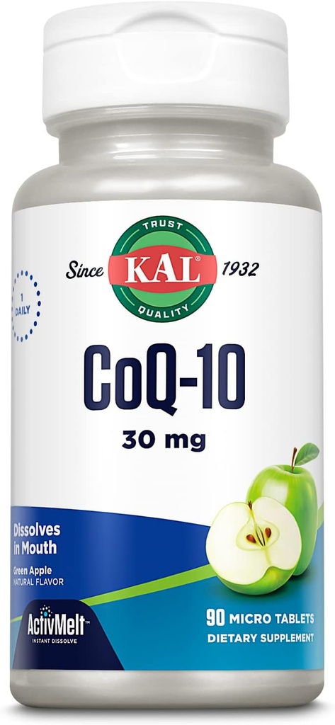 KAL CoQ10 30mg, Antioxidant Formula, CoEnzyme Q10 συμπλήρωμα για την υποστήριξη της υγείας της καρδιάς και της κυτταρικής ενέργειας, γρήγορης διάλυσης ενεργοποιήσεις, χορτοφαγικά, φυσική πράσινη γεύση μήλου, 90 Serv, 90 μικροδισκία
