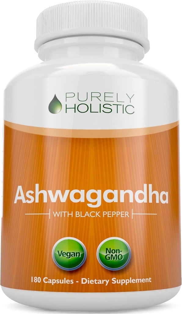 Purely Holistic Organic Ashwagandha 1300mg - 180 Vegan Capsules - 650mg of Ashwaganda per Capsule - 3 Month Supply - High Strength Ashwaganda Root Extract with Black Pepper