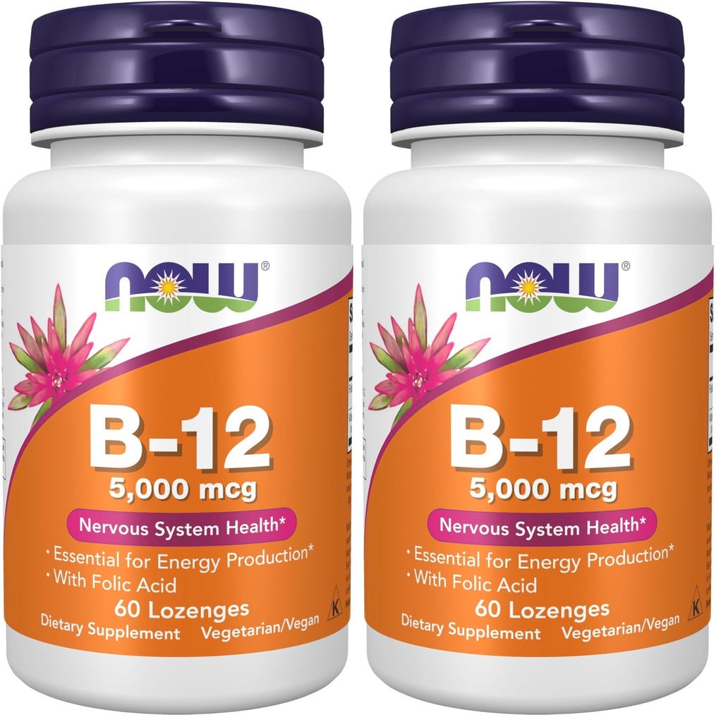 NOW Συμπληρώματα, Βιταμίνη Β-12 5.000 mcg, με Φολικό οξύ, Νευρικό Σύστημα Υγεία *, 60 Lozenges (πακέτο του 2)