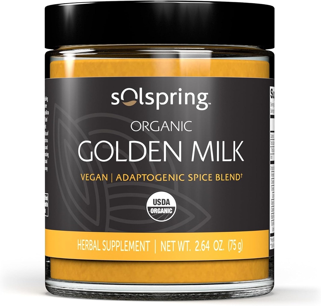 Dr. Mercola Solspring Organic Golden Milk Herbal Supplement, 2,64 Oz. (75 g), Vegan Spice Blend με Turmeric & Ginger, μη ΓΤΟ, Χωρίς γλουτένη, Χωρίς σόγια, USDA Organic